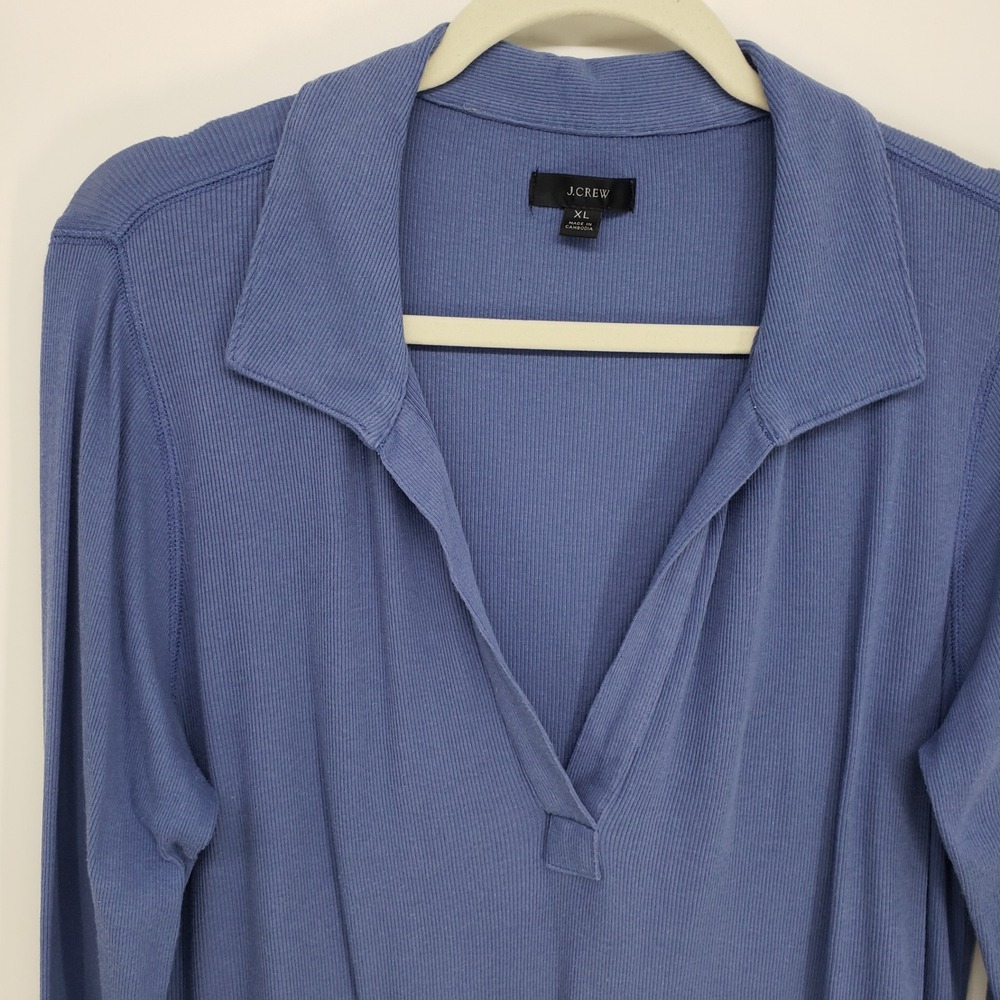 J Crew Ribbed V-Neck Pullover Top Women XL Blue Long Sleeve Cotton Polo Collar - Picture 4 of 8